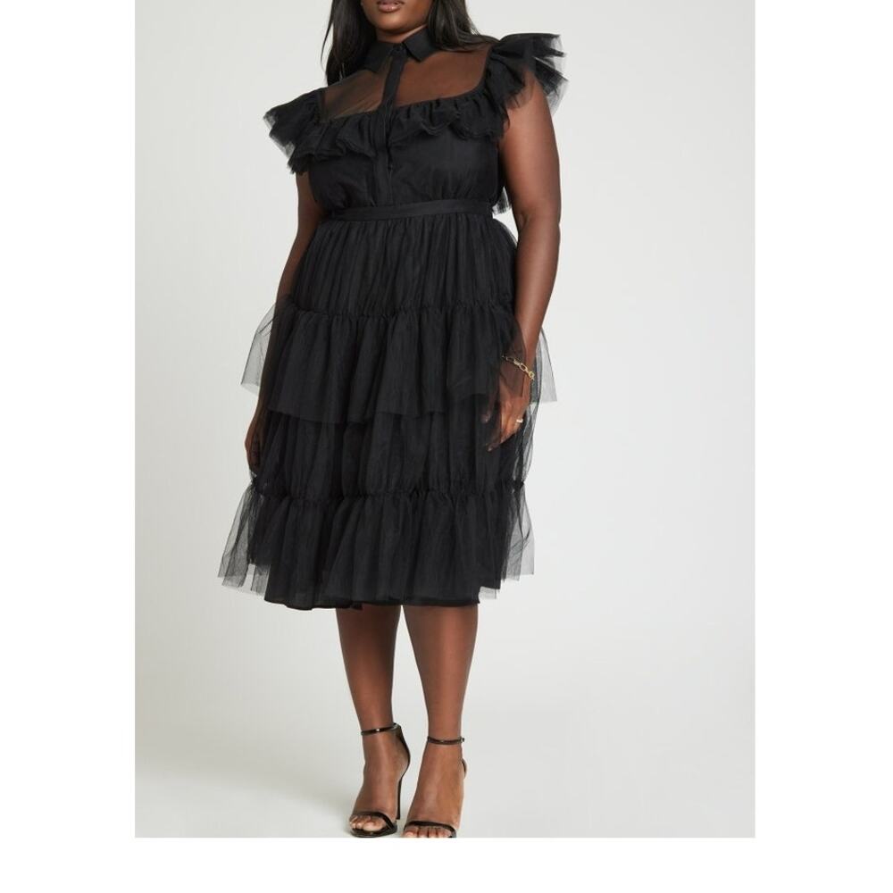 ELOQUII Dress Women SZ 26 NWT Dramatic Ruffle Midi Black Mesh Tiered Ruffle